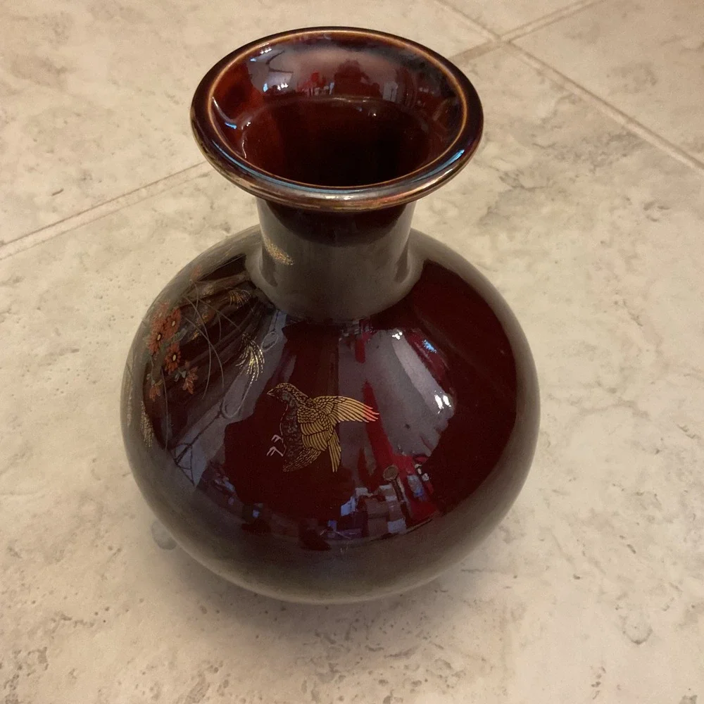 Toyo Japan Burgundy Oxblood Floral Gold Pheasant Ceramic Vase Gilt Accents